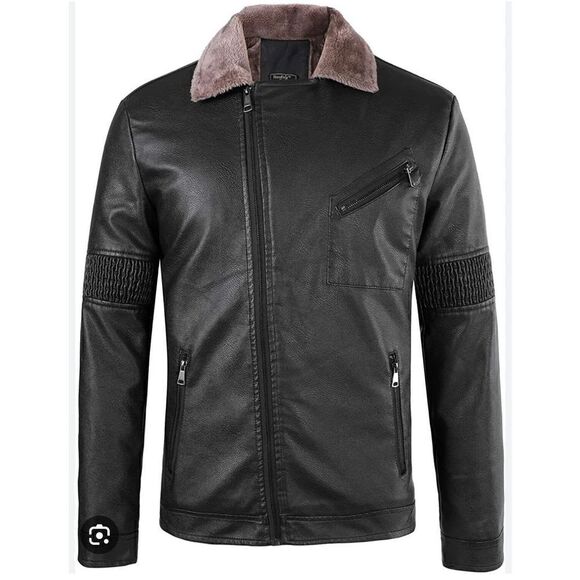 Neufigr Men's Faux Leather Jacket Winter Warm Faux Fur Lined Motorcycle Coat - Picture 1 of 8